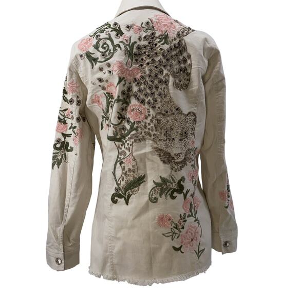 CHICO'S Beaded LEOPARD EMBROIDERED FLORAL Western DENIM JEAN Jacket 0 US 4/6 - Picture 1 of 14